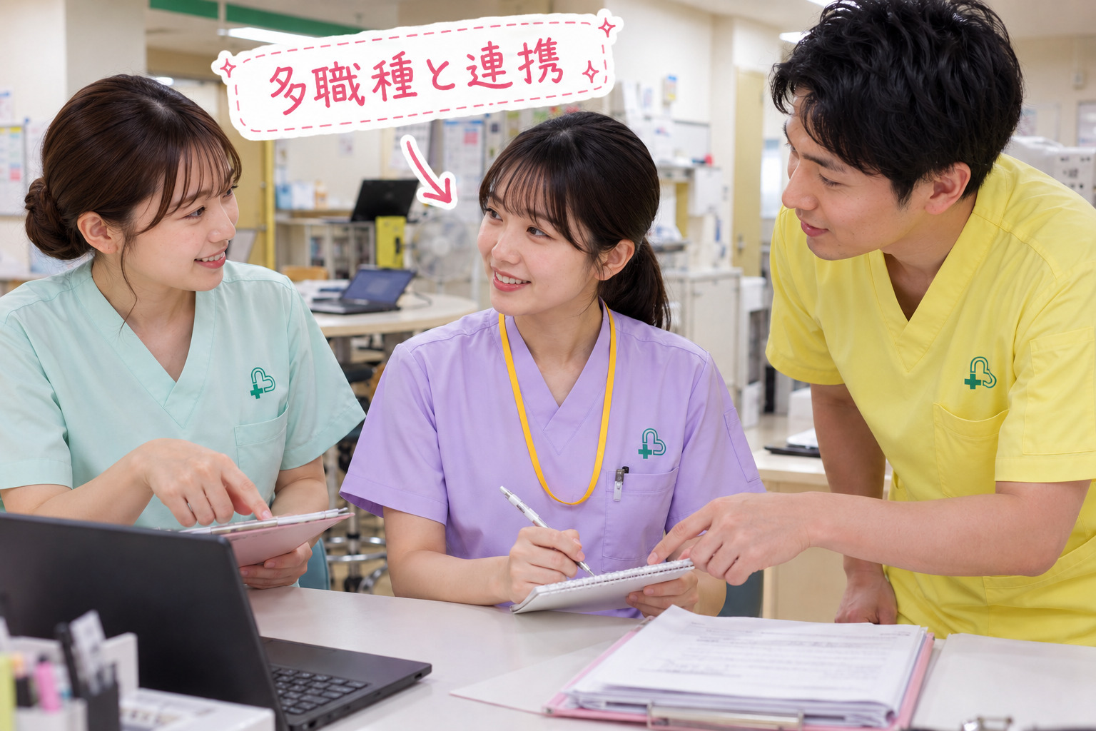 1年近く経った新人看護師が 病棟で働いている写真